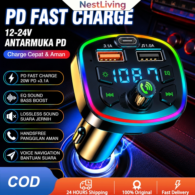 Car Charger 120W 3.1A Fast Charging 2 Port USB + 1 Type-C FM Bluetooth 5.0 Transmitter Voice Control