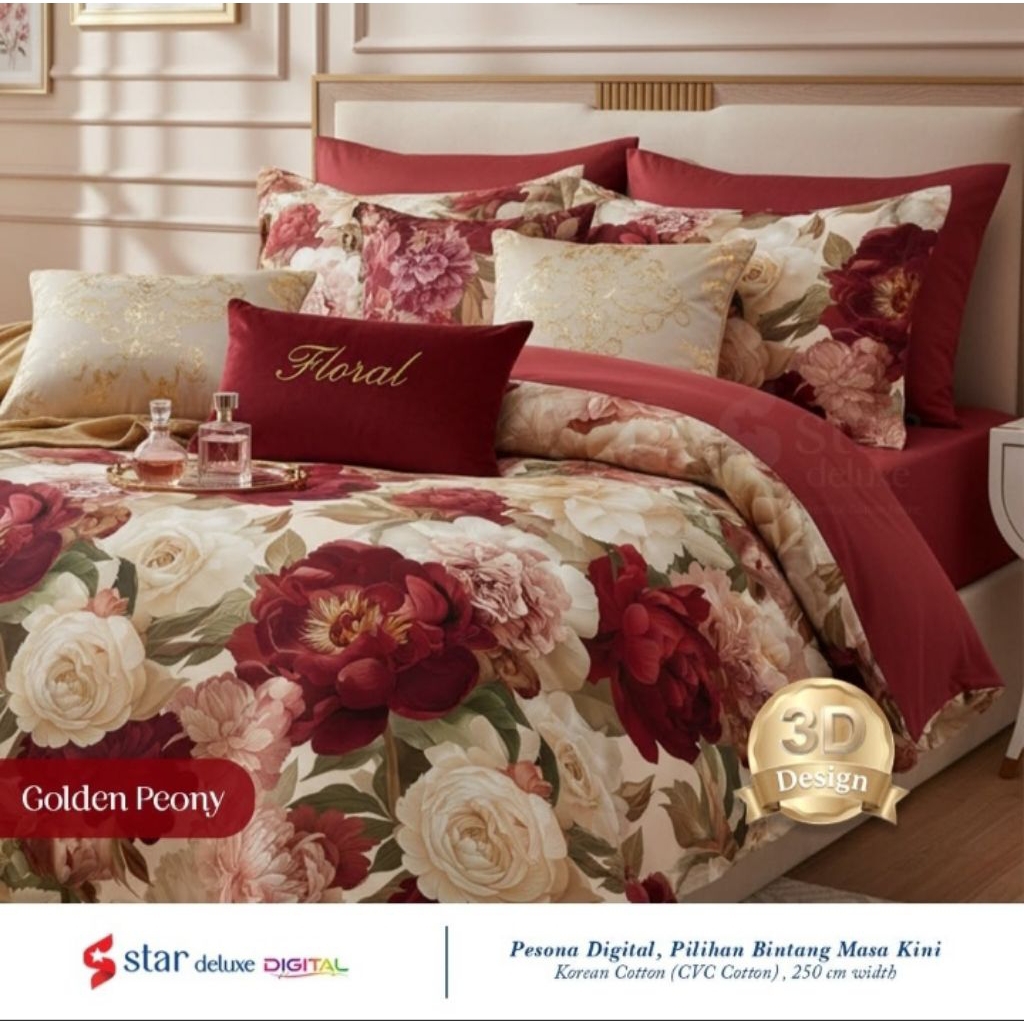 Sprei katun digital 3D motif bunga peony merah