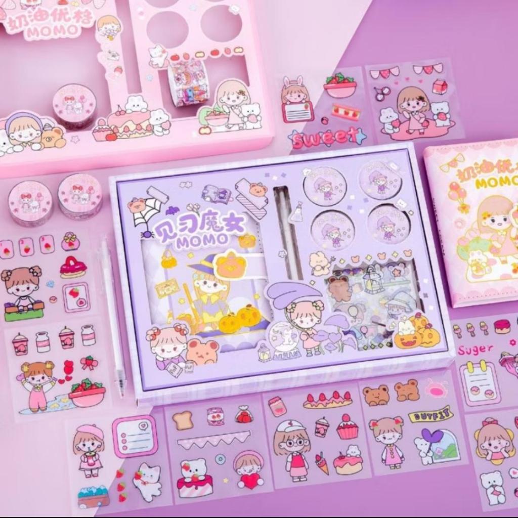 Jurnal Buku Diary MOMO Series Warna Pastel | Stationery Set Lucu dengan Stiker Hampers Ulang Tahun A