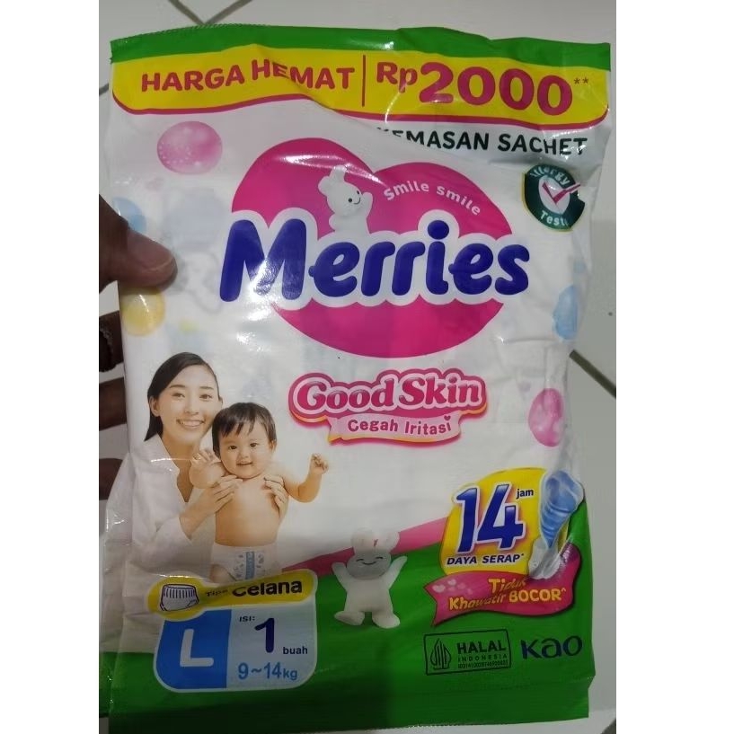 Pampers Merries Kemasan Sachet ( 12pcs ) Size L Tipe Celana Good Skin Cegah iritasi