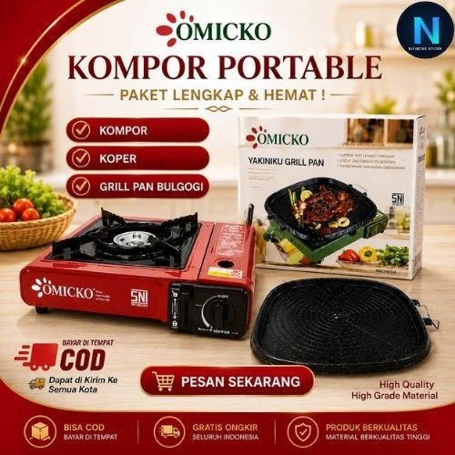 Kompor Portable OMICKO + Grill Pan BBQ Anti Lengket | Kompor Gas Mini Camping SNI untuk Bakar-Bakar 