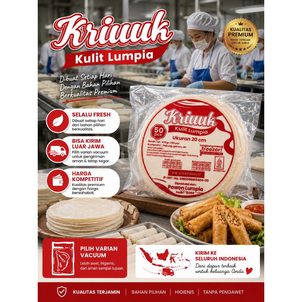 Kulit Lumpia Fresh Premium Isi 50 Lembar | Lentur Tidak Mudah Sobek Anti Lengket | Cocok untuk Lumpi
