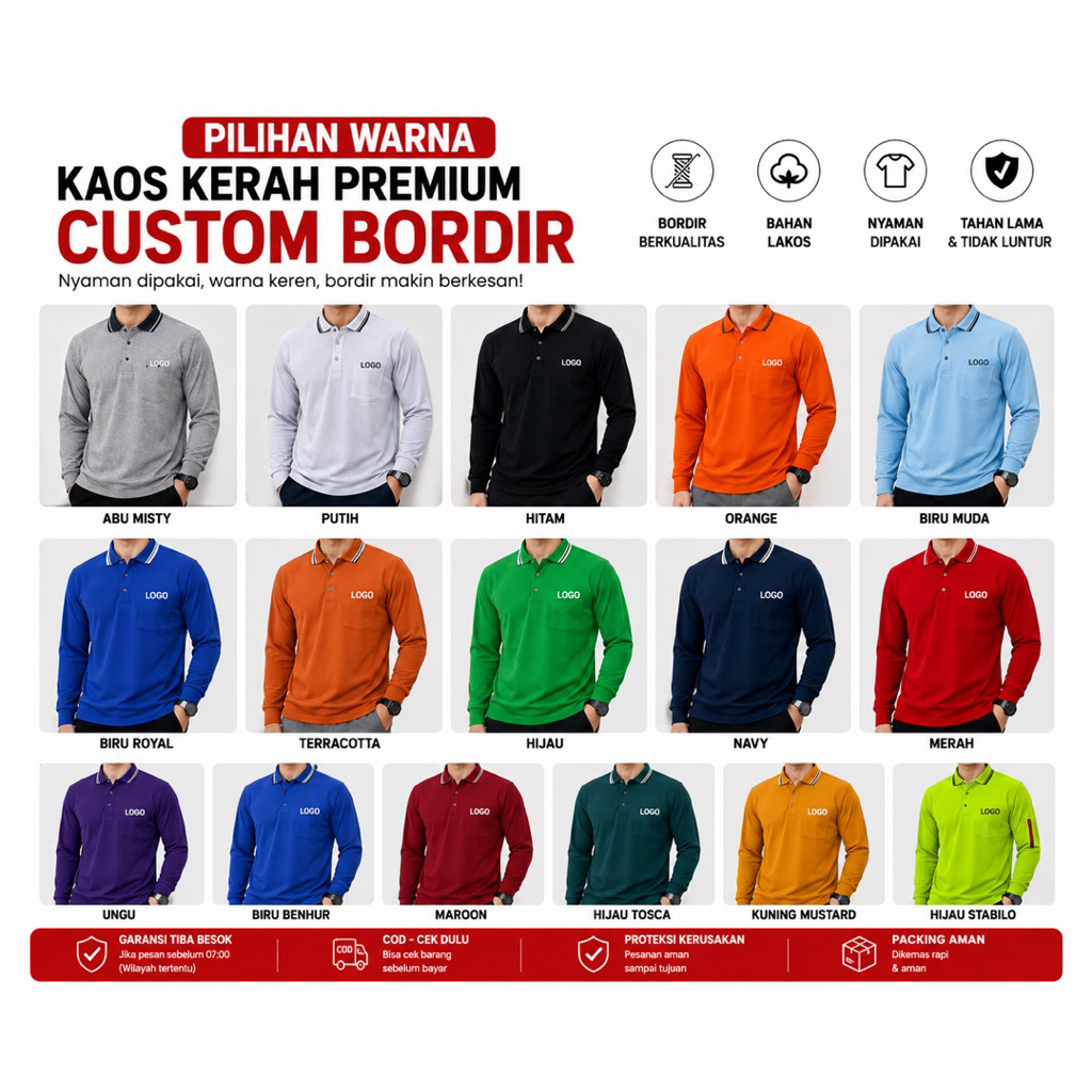 Bordir Custom Kaos Kerah Panjang dan Pendek / Bordir Custom Kaos Kerah / Bordir Custom Kaos Kerah Pr