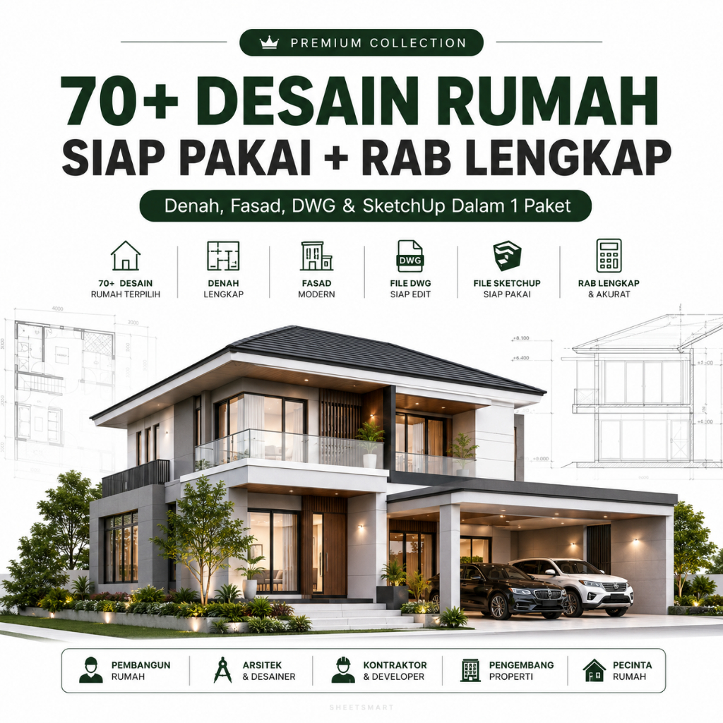 70+ Desain Rumah Lengkap + RAB | Denah & Fasad 1-2 Lantai Siap Pakai