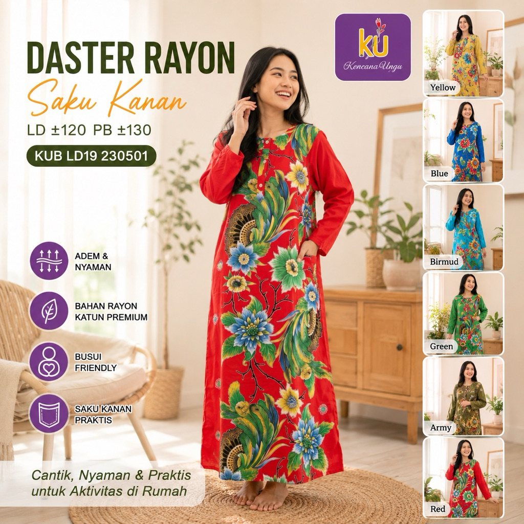 Daster Kencana Ungu Original Label Biru Lengan Panjang Wanita Kekinian Rayon Premium KUB LD19 230501