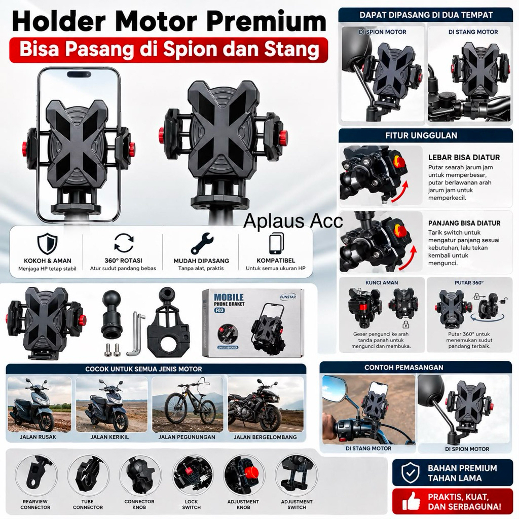 Holder HP Motor Premium F-03 Rotasi 360° Anti Guncang Anti Jatuh Dudukan Smartphone Universal Bisa Pasang di Spion dan Stang Motor Semua Tipe
