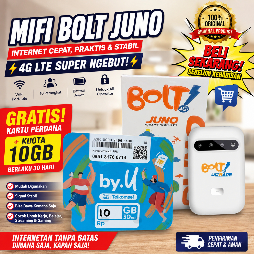 (UNIT BARU ) Modem MiFi Bolt Juno 4G LTE WiFi Portable Unlock Telkomsel, Smartfren, BY.U, Simpati. G