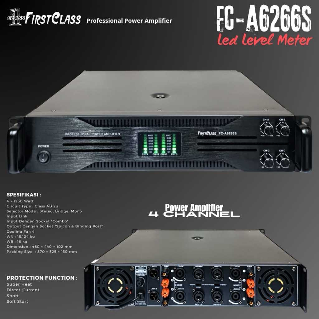 POWER AMPLI FIRST CLASS FC A6266S FCA6266S (SOFT START) 4CH 4 X 1250 WATT
