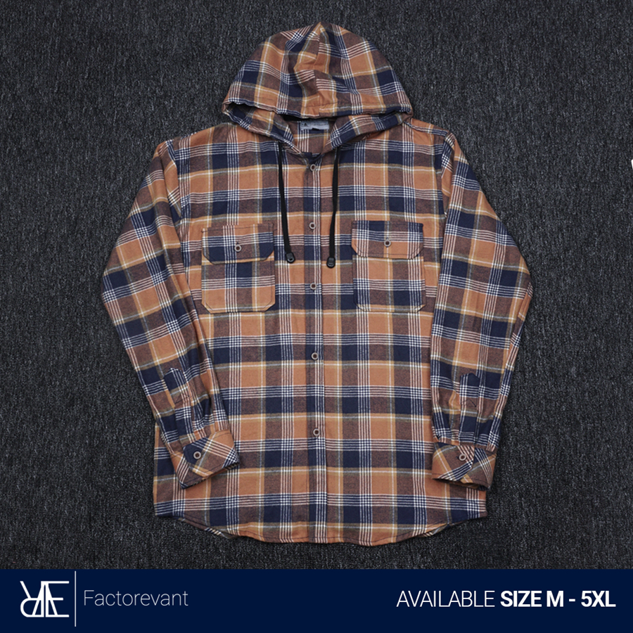 Reevant Veterano Orange Hoodie Kemeja Flannel Pria Jumbo Big Size Lengan Panjang