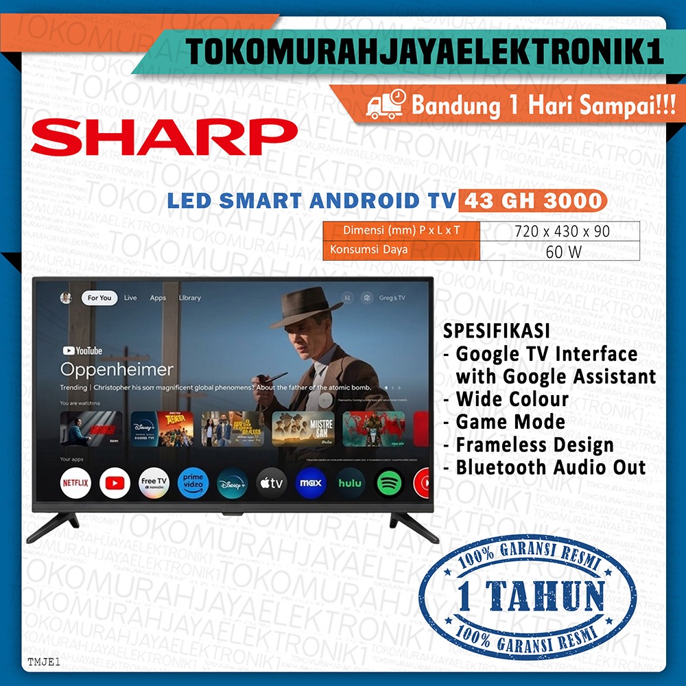 SHARP SMART TV GOOGLE 43 INCH 43 GH 3000 GARANSI RESMI