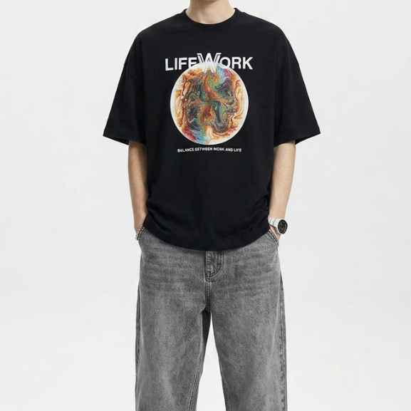 Baju Kaos Lifework Planet Logo Short-Sleeved T-Shirt Unisex Casual