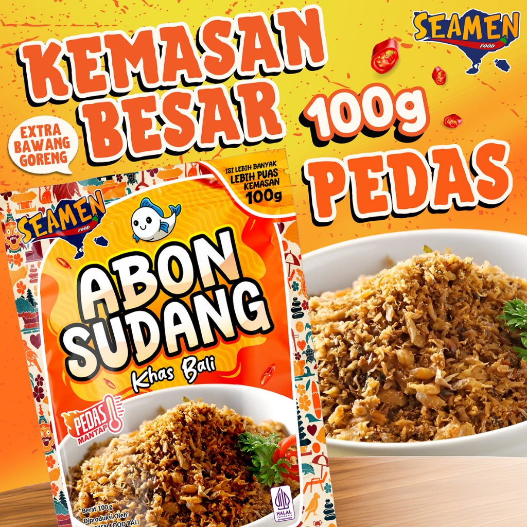 Kemasan Besar ABON SUDANG PEDAS 100 gram. Masa Simpan 1 Tahun
