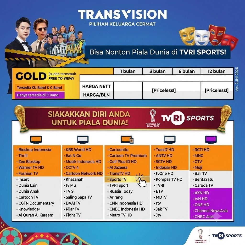 PAKET GOLD AKTIF 1 TAHUN Transvision NUSANTARA HD  PIIALA DUNIA 2026