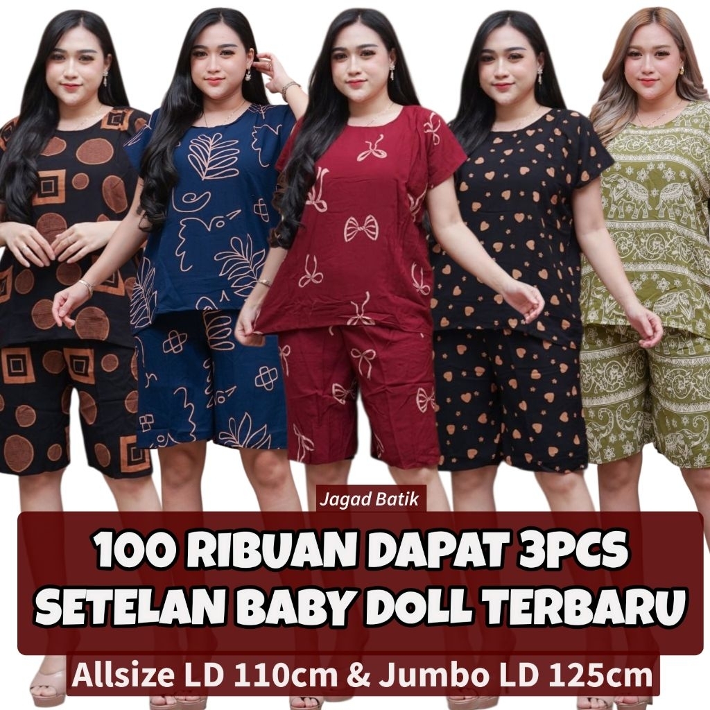 SETELAN 100RIBUAN 3PCS BABY DOLL ALLSIZE JUMBO// ONE SET RAYON MOTIF LENGAN PENDEK// STELAN BAJU SAN