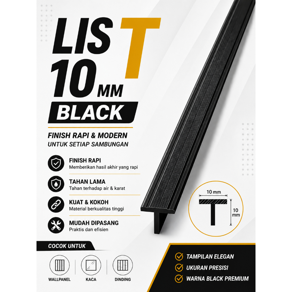 Lis T 10 mm HUBEN Aluminium Premium 3,1 Meter | Gold / Black | Finishing Wallpanel, UV Board & Wallb