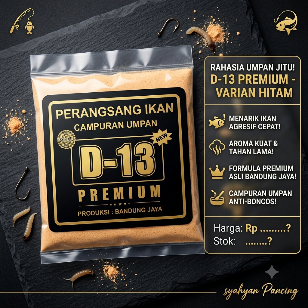 Perangsang Ikan D-13 Premium Varian Hitam Asli Bandung Jaya - Serbuk Campuran Umpan Pancing Anti Bon