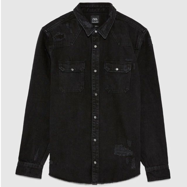 New Zara Men Ripped Denim Jeans Jacket Overshirt Black 2631/350