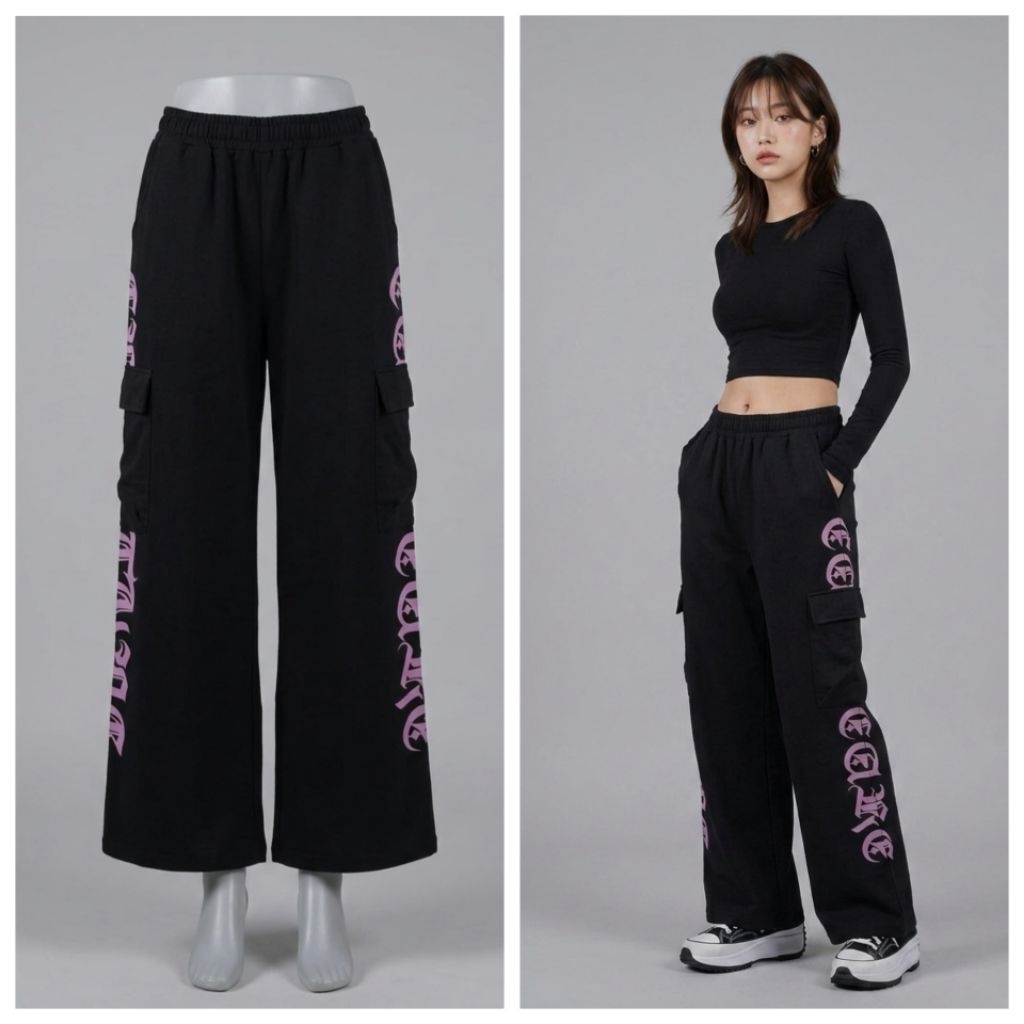 Cargo Pants Black Graphic Pink – Celana Kulot Cargo Wanita
