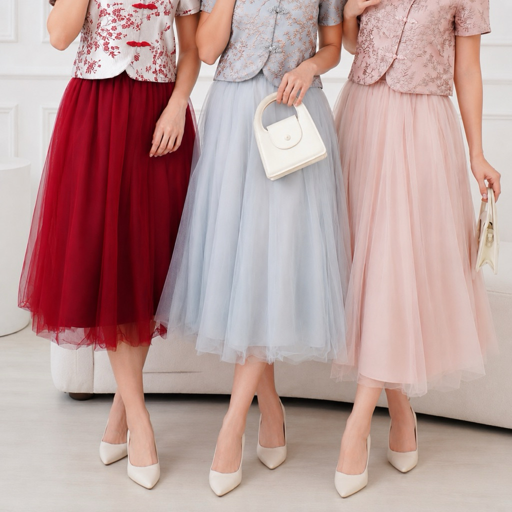 Meilin Rok Tulle Tutu cheongsam maroon/abu dusty blue /rosegold pink