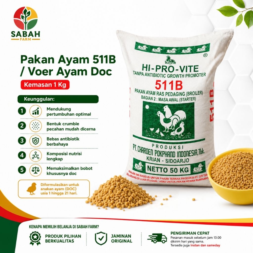 Pakan Ayam 511B 1Kg Voer DOC Broiler Starter Hi-Pro-Vite CP511B Crumble Penggemukan Anak Ayam