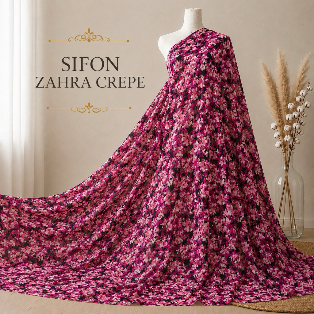 kain sifon zahra crepe premium motif bunga, tidak transparan , tekstur berpasir halus