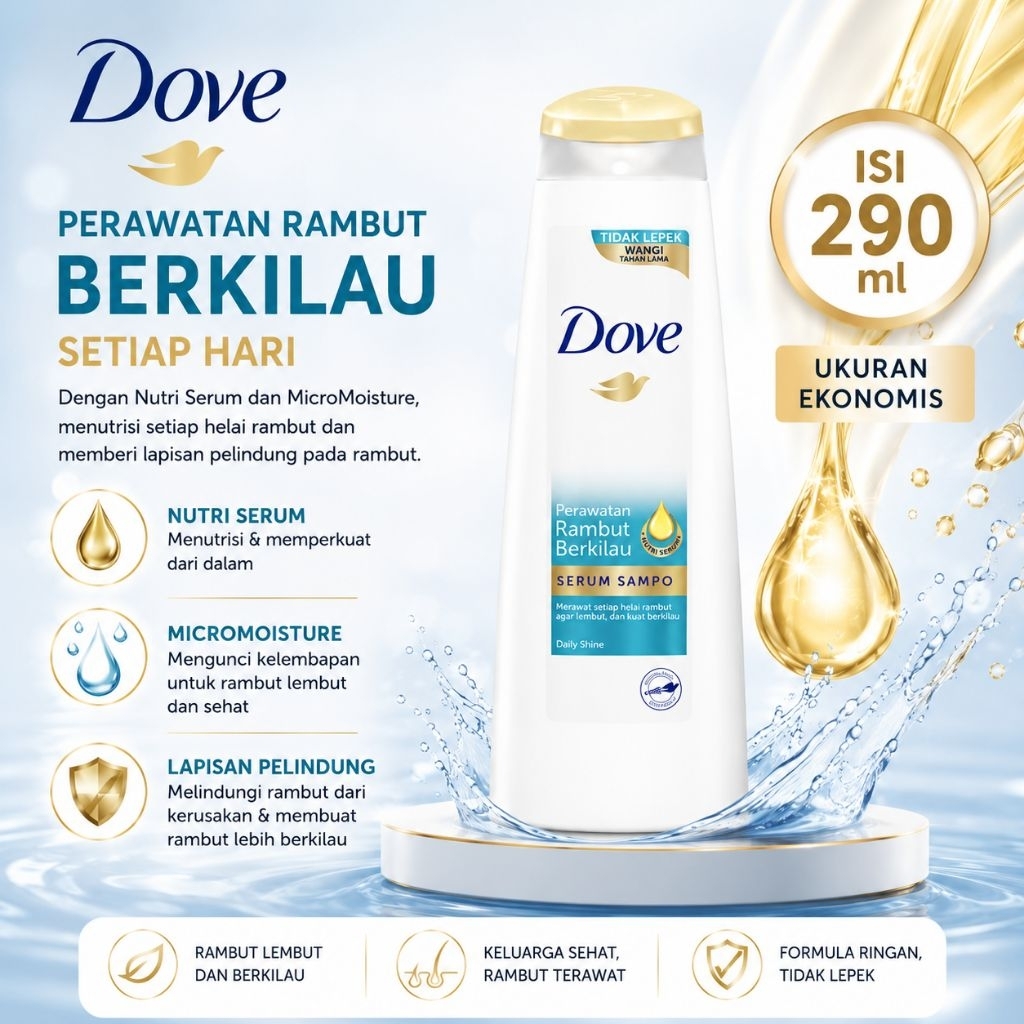 Dove Shampoo Perawatan Rambut Berkilau Daily Shine 290 ml Serum Shampoo Nutri Serum MicroMoisture