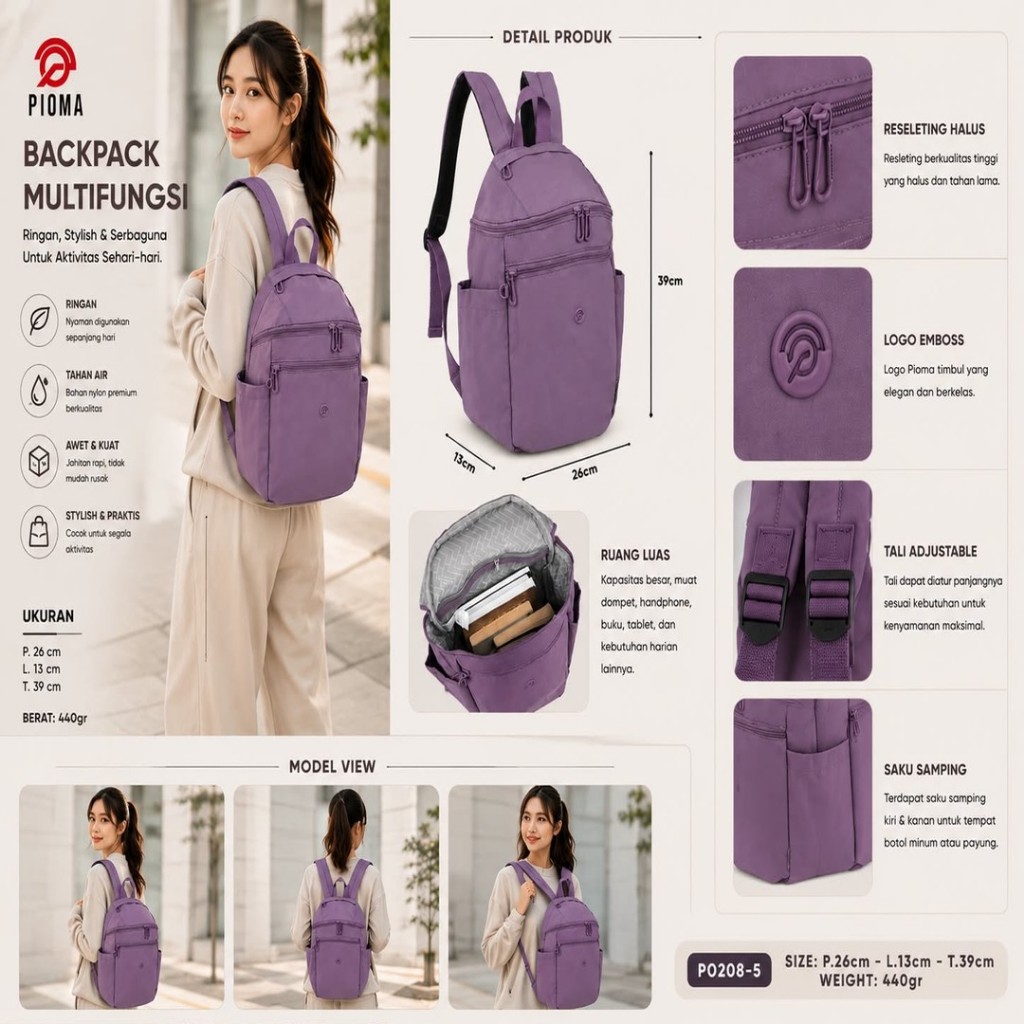 OPIOBAGS Pioma Riona Tas Ransel Wanita Medium Backpack Cewek Kekinian Tas Punggung Harian
