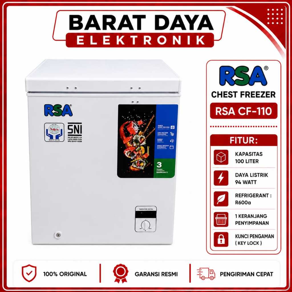 Freezer RSA Chest Freezer Box CF-110 Freezer Makanan Beku Freezer Daging Frizer Box