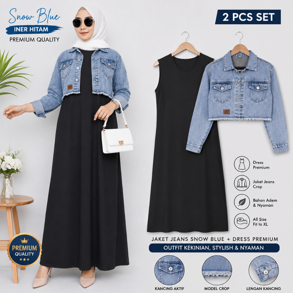 Setelan Wanita Hijab Dress Polos + Jaket Jeans Crop Snow Black OOTD Casual Korean Style Gamis Modern