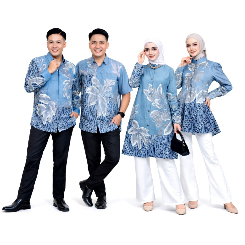 Setelan Seragam kondangan Motif Anggrek soft blue - Baju Batik couple Terbaru