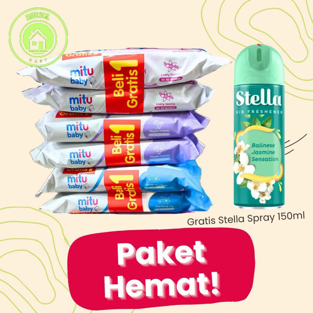 6 pcs Tisu Basah Mitu Baby Aroma 50 Lembar + Stella aerosol spray 140ml