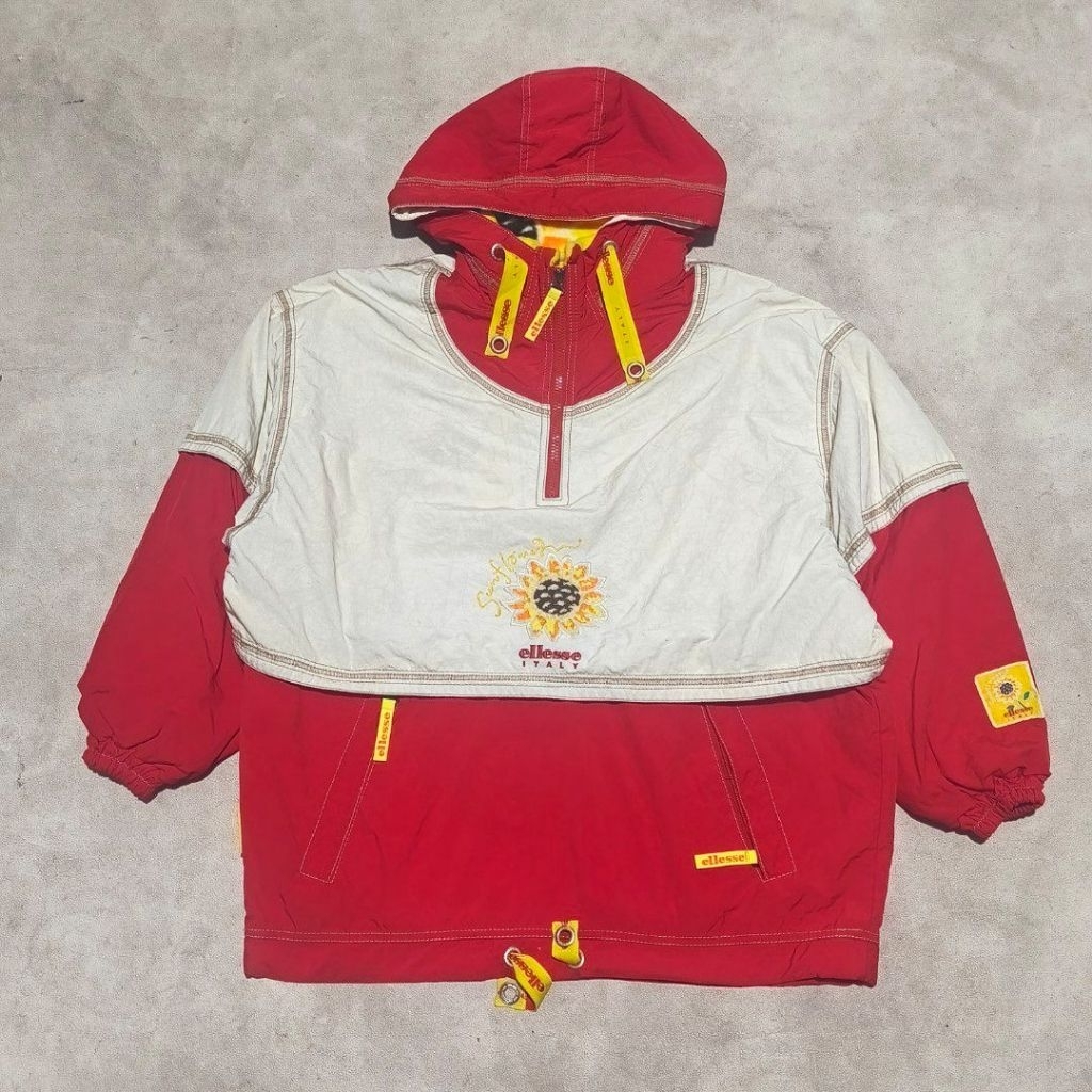 Jaket windbreaker vtg ellesse sunflower putih merah