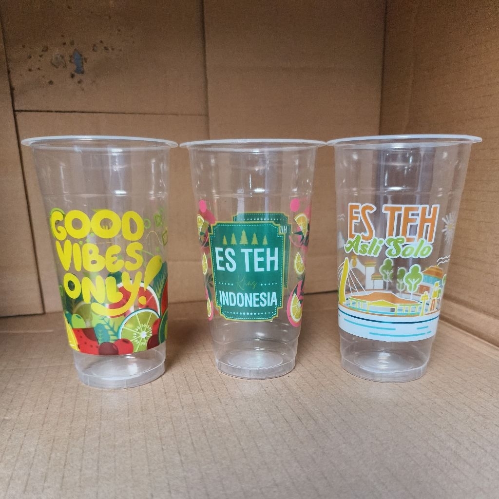 ( ISI 50 PCS ) Gelas Printing 22 oz datar ES TEH ASLI SOLO  , GOOD VIBES , ES TEH INDONESIA