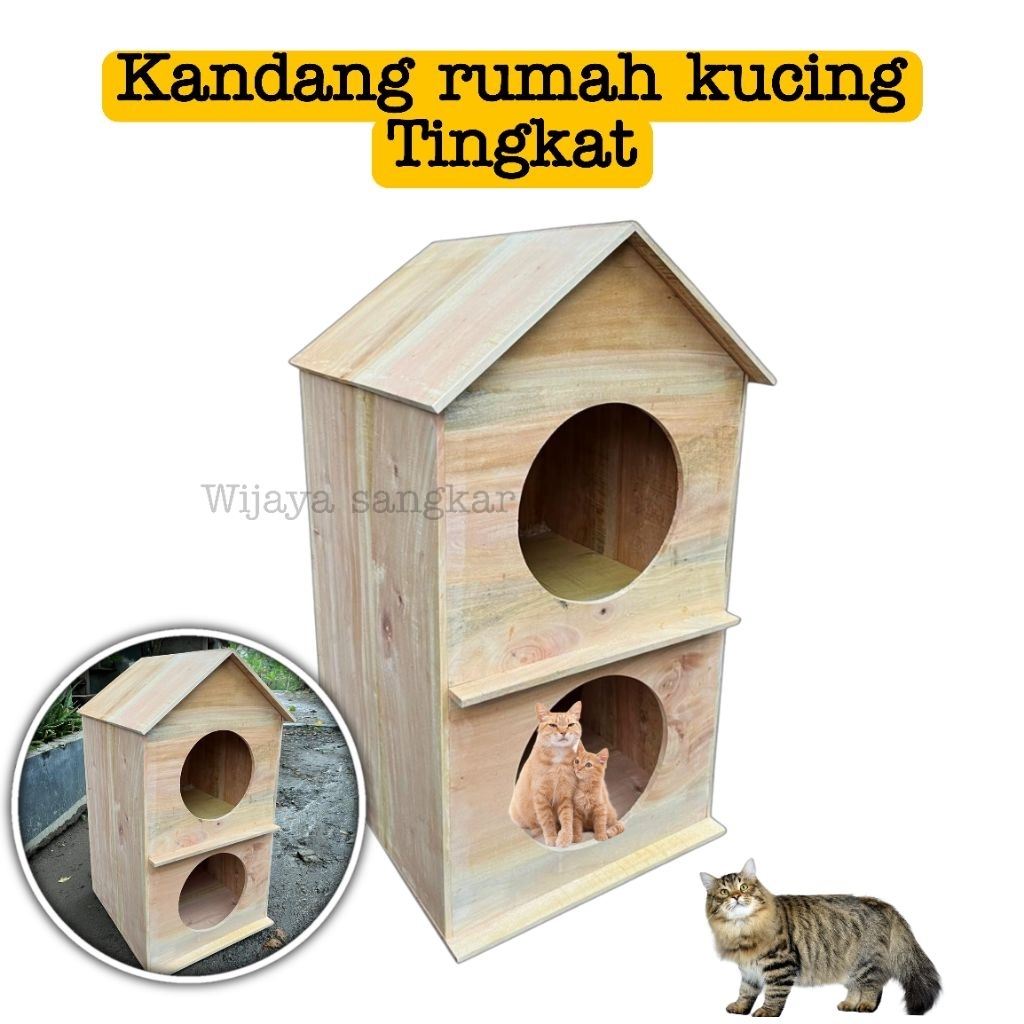 KANDANG KUCING MODEL TINGKAT PINTU BULAT KAYU MAHONI