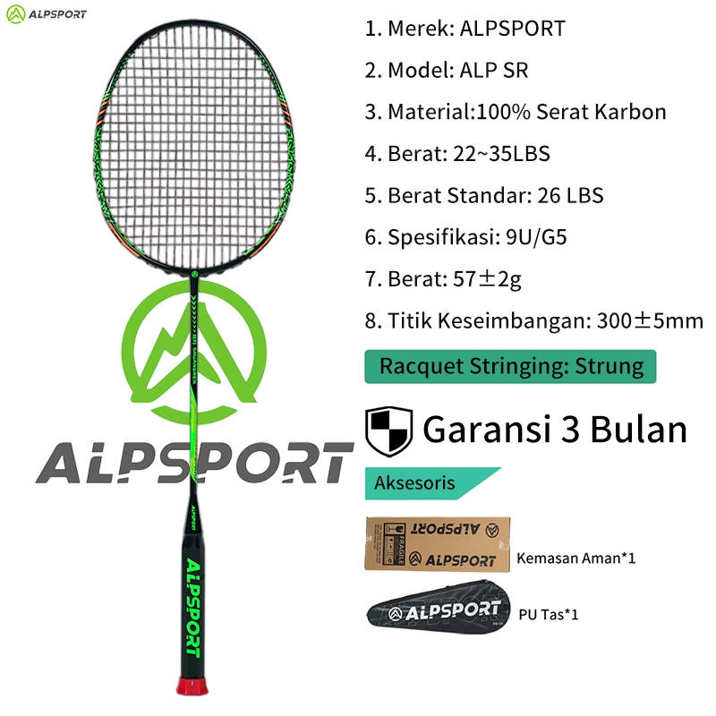 ALPSPORT SR Dua Sisi 9U 58g MAX 35Lbs T800 Raket Bulu Tangkis Warna G5 100% Persen Asli Serat Karbon
