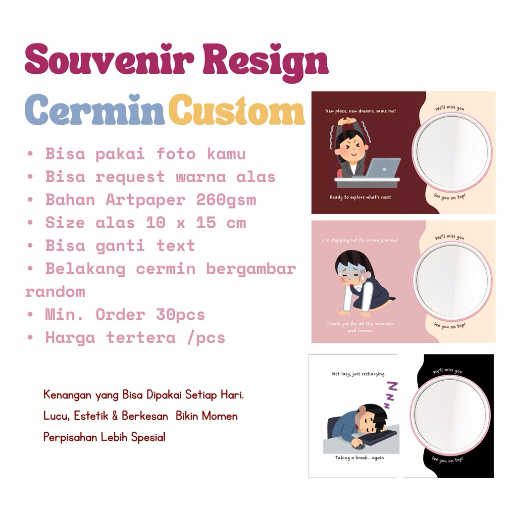 Souvenir Resign Kaca Cermin Mini Custom | Kado Resign Aesthetic Lucu | Gift Perpisahan Teman Kerja *