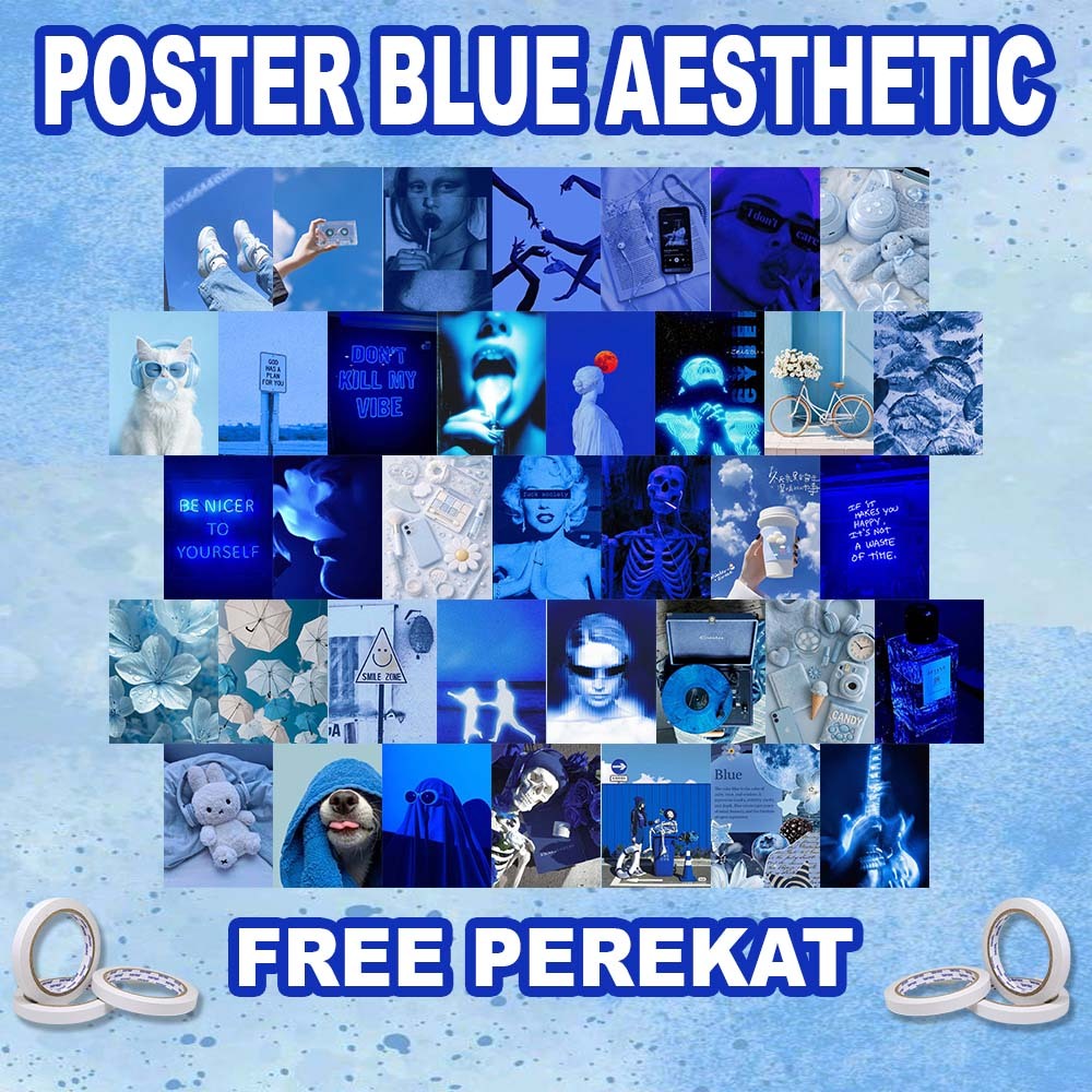 Poster Dinding Blue Aesthetic Paket Bundle Isi 48 Hiasan Poster Dinding Kamar