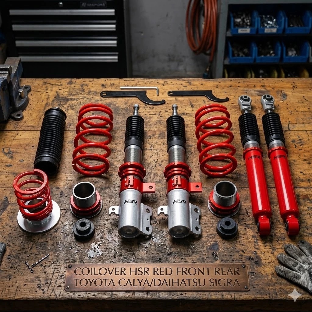 COILOVER HSR RED FRONT REAR TOYOTA CALYA DAIHATSU SIGRA SEPAKET DEPAN BELAKANG SPERPART MOBIL