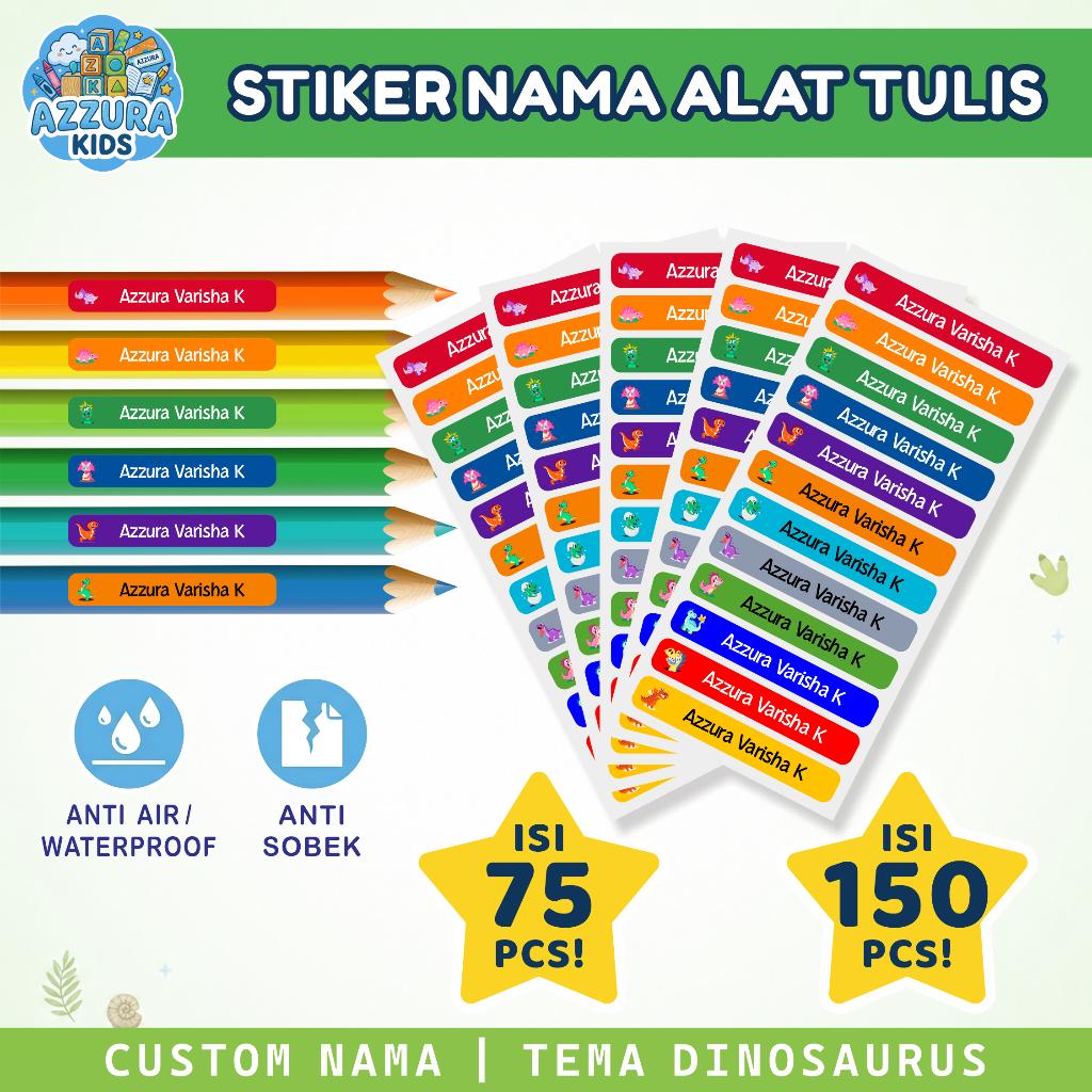 Stiker Label Nama Karakter Anak Custom Waterproof Anti Pudar Berkualitas - Tema Dinosaurus