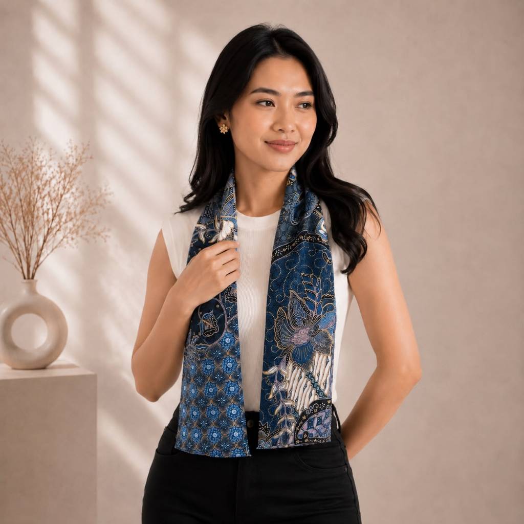 Syal Scarf Batik Khas Indonesia Biru Navy