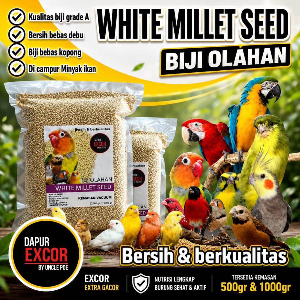 millet putih sangrai plus minyak ikan pakan kenari lovebird finch  paruh bengkok anggungan perkutut 