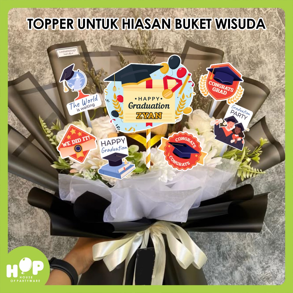 Topper Cake Wisuda + Custom Nama / Hiasan Bunga / Buket / Kue Graduation / Tumpeng Kelulusan