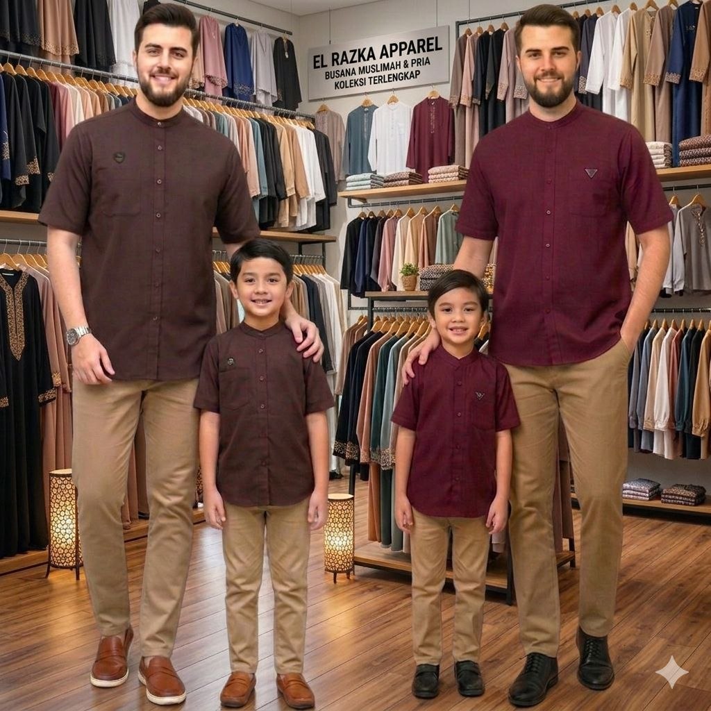 Baju Koko Pria Dewasa Lengan Pendek Kerah Shanghai Warna Mahogany Baju Koko Couple Ayah dan Anak