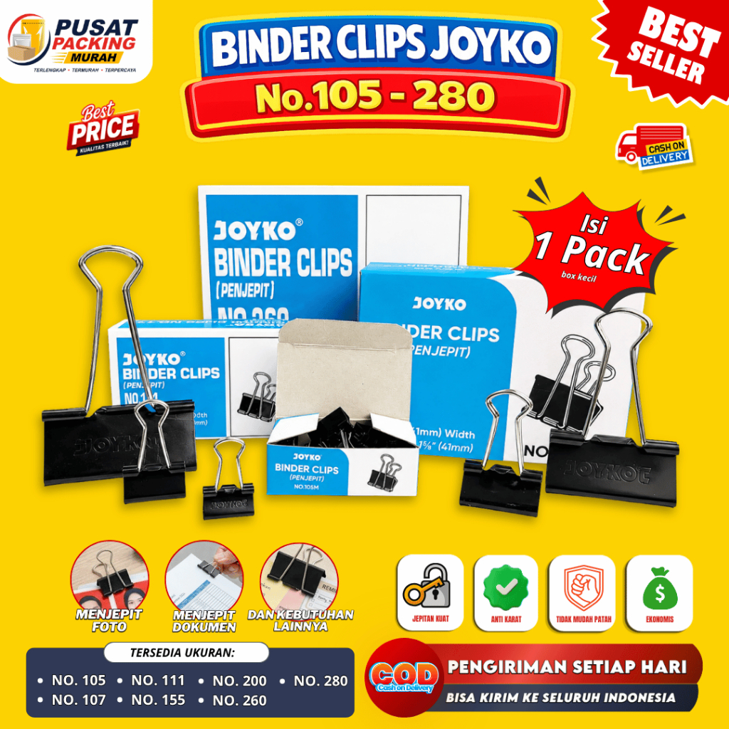 Binder Clip Joyko No 105 107 111 155 200 260 280 Penjepit Kertas Paper Clip Original