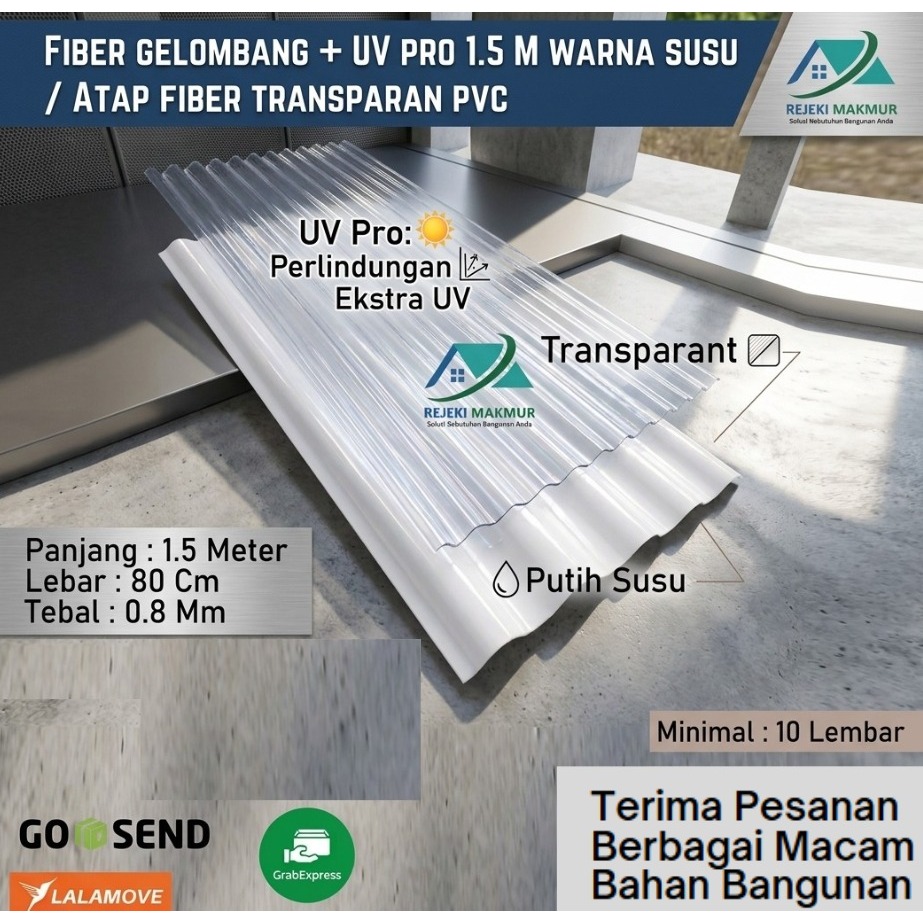 Fiber gelombang + UV pro 1.5 Meter x 80 cm x 0.8 mm warna putih susu / Atap fiber bening transparan 