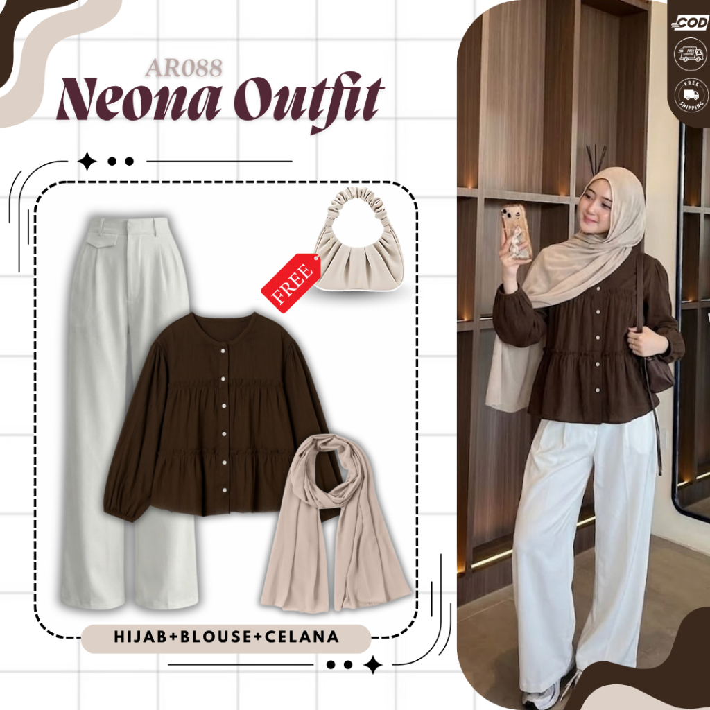 One Set Neona Outfit Wanita Kekinian | Blouse Coklat + Celana Oro + Pasmina | 3in1 Set AR088