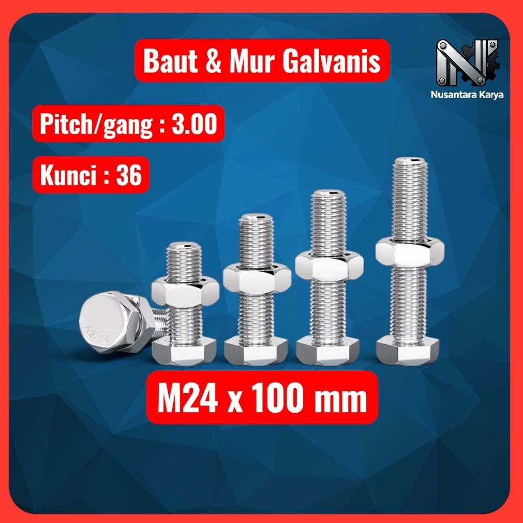 Baut mur Hex putih / Baut Mur Galvanis M24 x 100mm