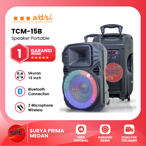 Speaker Portable ADS 15 Inch TCM-15B 2 Mic Wireless dan Stand Speaker (KHUSUS COD MEDAN)