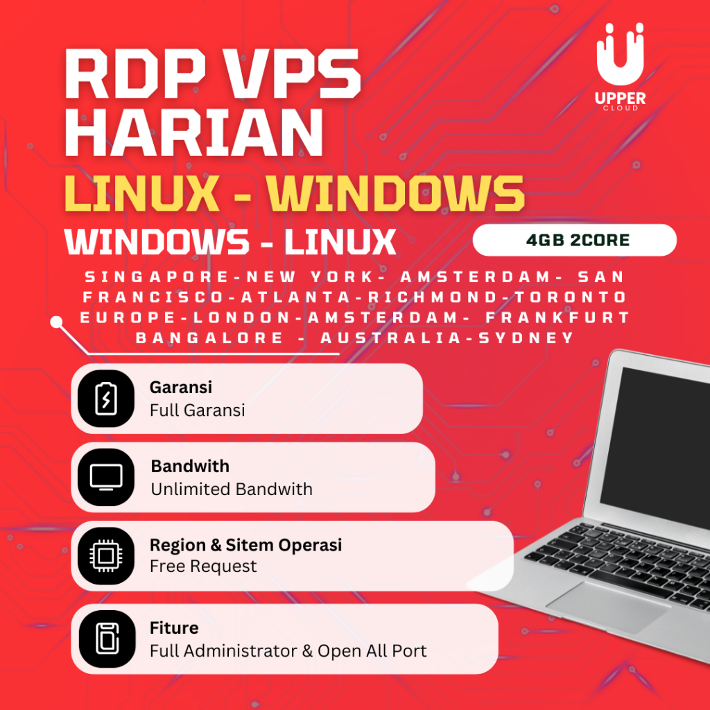 VPS / RDP HARIAN 4GB 2CORE WINDOWS LINUX BERGARANSI FULL ADMINISTRATOR FULL AKSES ROOT