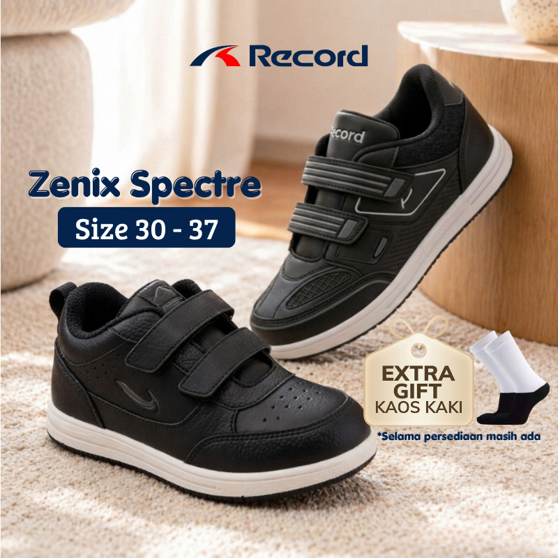 RECORD ZENIX BTS SEPATU SEKOLAH ANAK TK SD SMP COWO CEWE FULL BLACK HITAM PUTIH PEREKAT 30-37 4-13TH